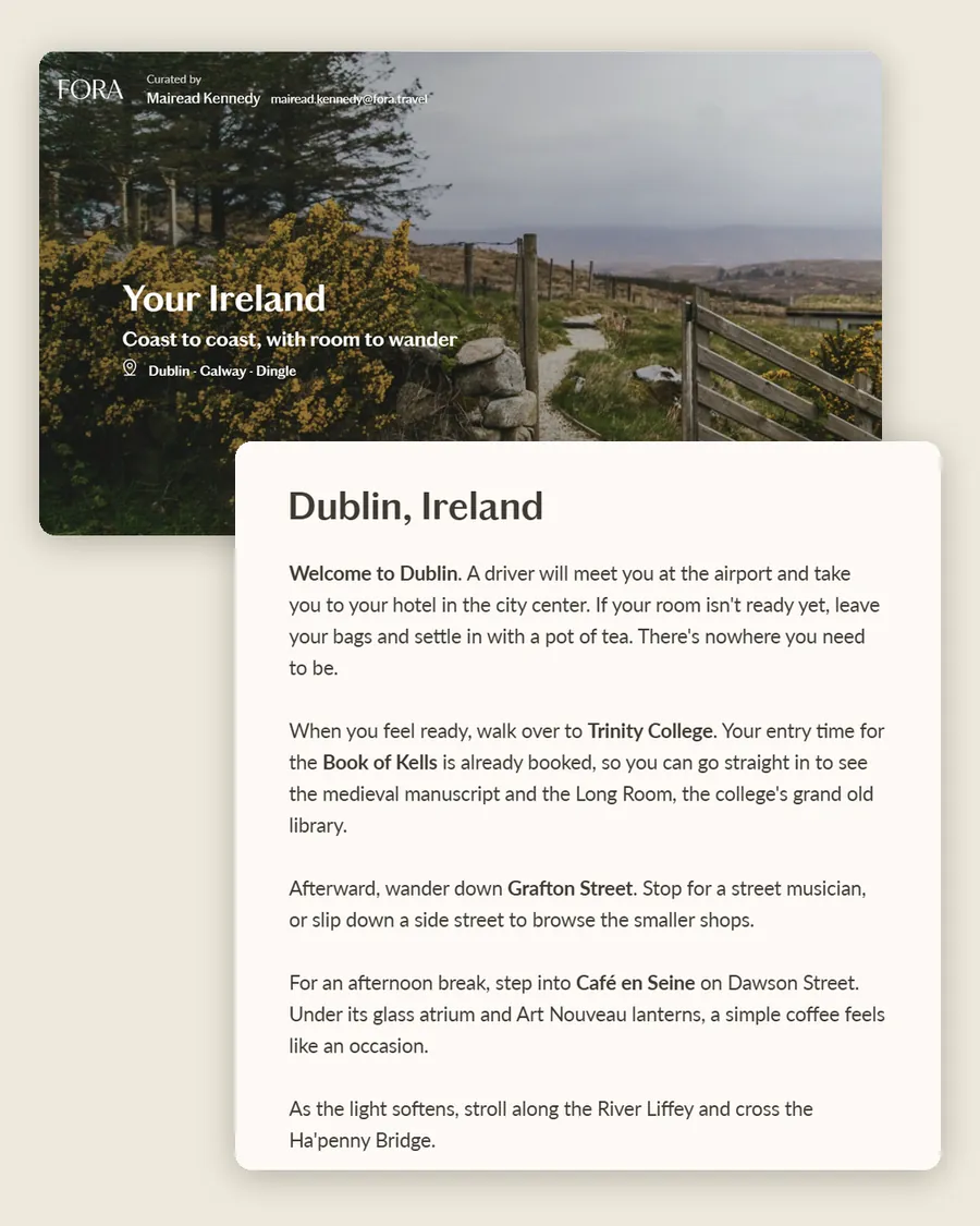 A sample itinerary called Your Ireland: a cover photo of a gravel path through the Irish countryside, and the Day 1 plan for Dublin