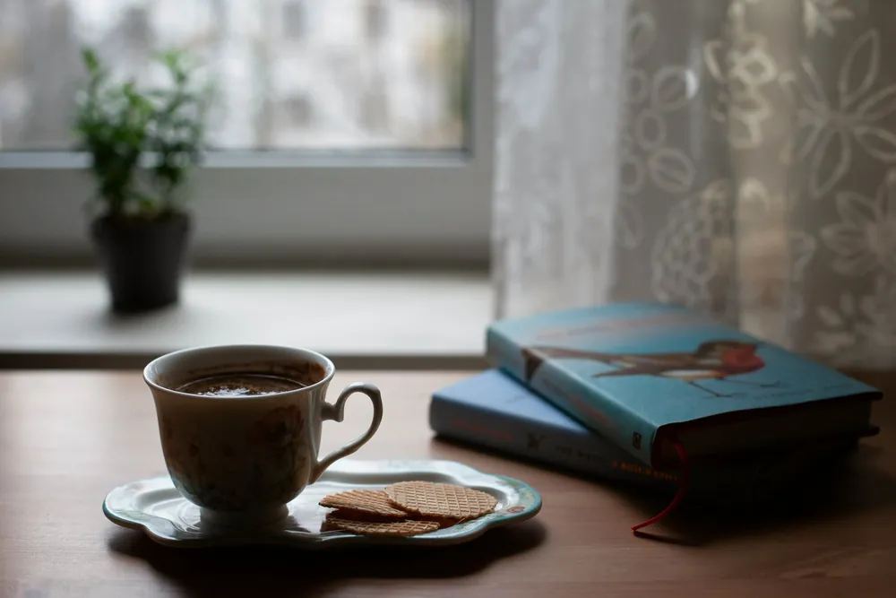 A cup of tea and a biscuit beside two books on a table by a lace-curtained window