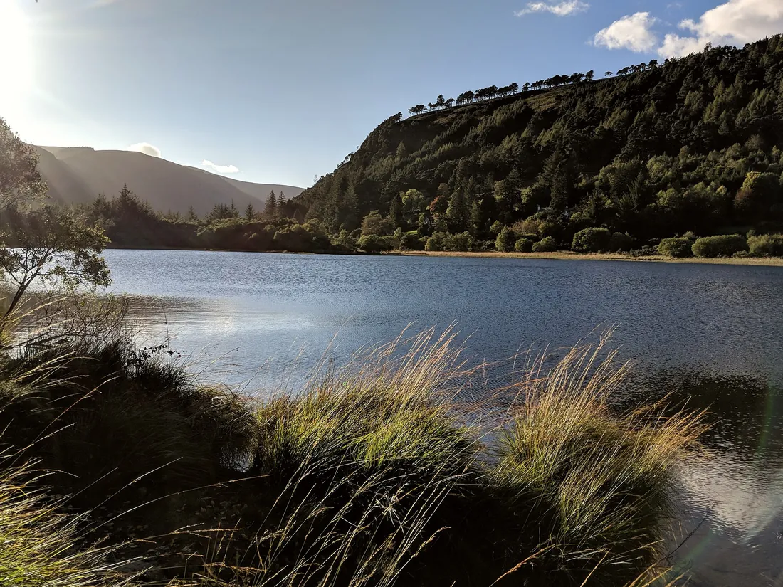 The upper lake at Glendalough in low autumn light, with golden grasses along the shore and wooded hills behind