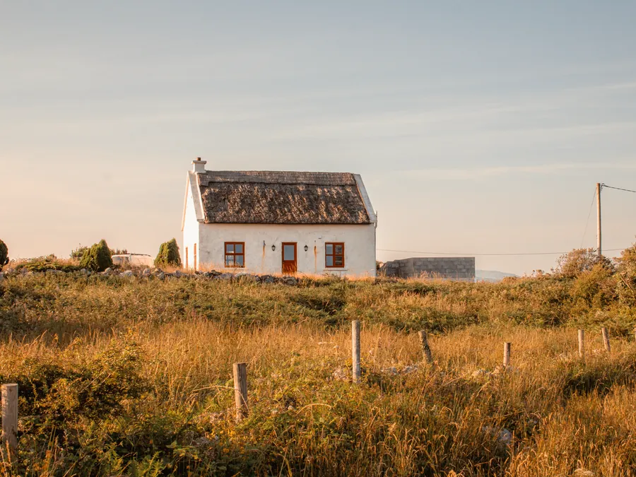 A white thatched cottage above a field of golden grass in evening light